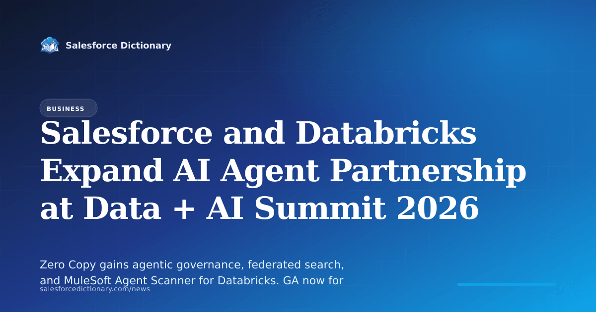 Salesforce and Databricks expanded partnership announced June 16, 2026 at Data + AI Summit 2026, showing Agentforce agents accessing Databricks Unity Catalog lakehouse data through Zero Copy with federated search, MuleSoft Agent Scanner, and Slack Genie App